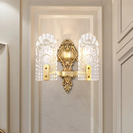 Classic Clear Lattice Glass Bedside Wall Sconce - Brass Half-Bulb Lighting Fixture 2 /