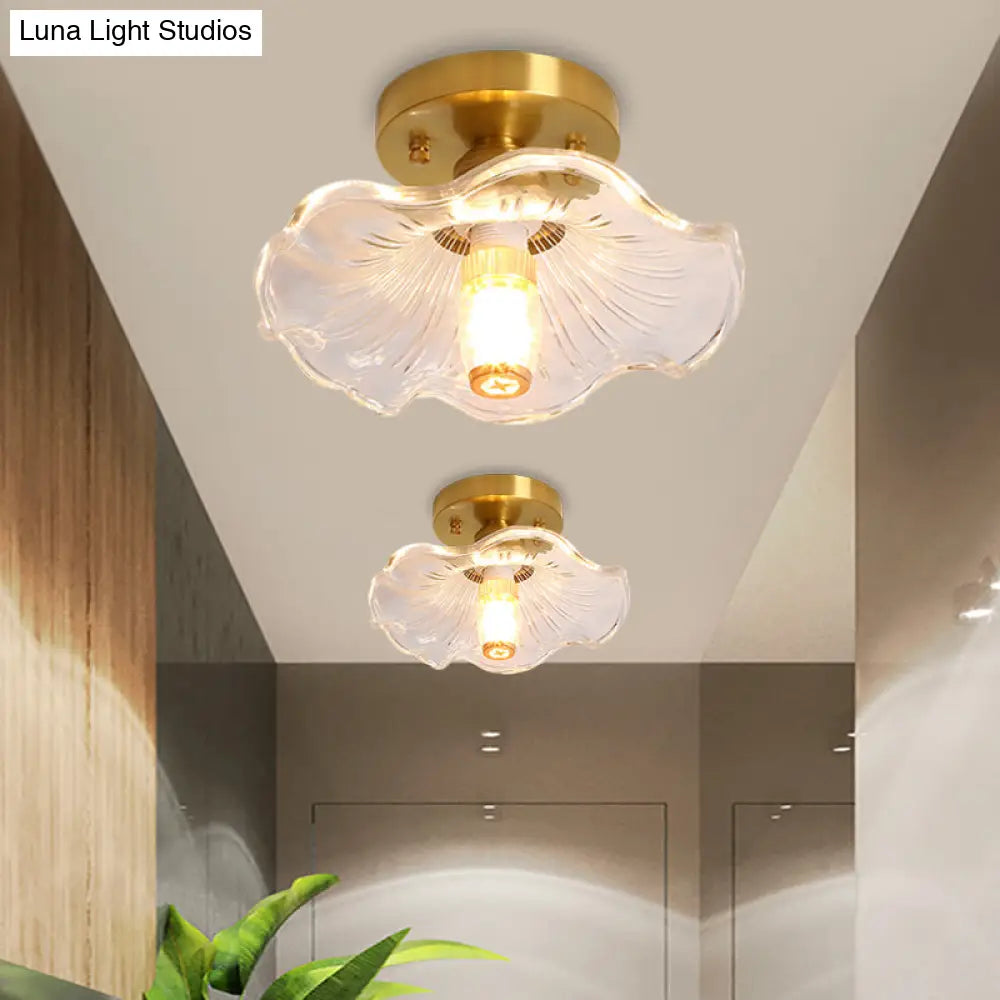 Classic Cone/Lotus Leaf/Floral Clear Glass Ceiling Light In Brass 7.5 - 9’ Wide