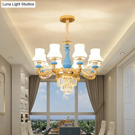 Classic Cream Glass Blue Bedroom Chandelier Light With Crystal Accents