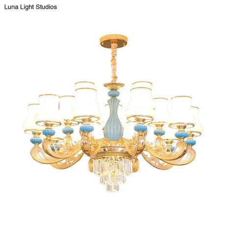 Classic Cream Glass Blue Bedroom Chandelier Light With Crystal Accents