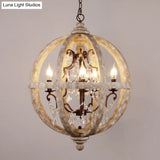 Classic Distressed White Wood Globe Cage Chandelier With Crystal Accent - 5-Light Bedroom Pendant