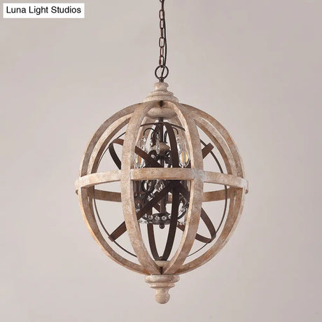 Classic Distressed White Wood Globe Cage Chandelier With Crystal Accent - 5-Light Bedroom Pendant