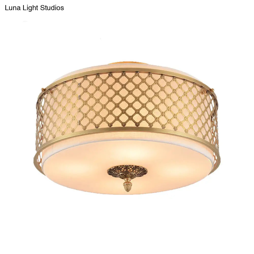 Classic Drum Metal Flush Mount Lamp Brass Finish 4/5 Lights 16’/19.5’ Wide Living Room Ceiling