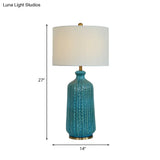Classic Drum Night Table Light With 1-Light Fabric Shade In White Blue Pot Vase Base