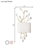 Classic Fabric Rectangle Wall Mounted Lamp With Brass Sconce & Pink/Clear Crystal Accent - 2 Lights