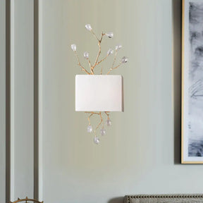 Classic Fabric Rectangle Wall Mounted Lamp With Brass Sconce & Pink/Clear Crystal Accent - 2 Lights