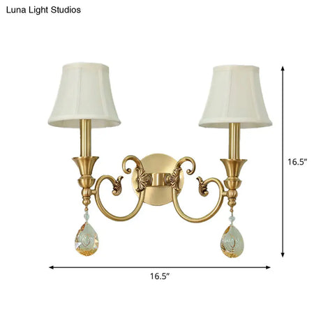 Classic Flared Wall Sconce In Gold With Crystal Drop - 1/2-Light Fabric Lamp
