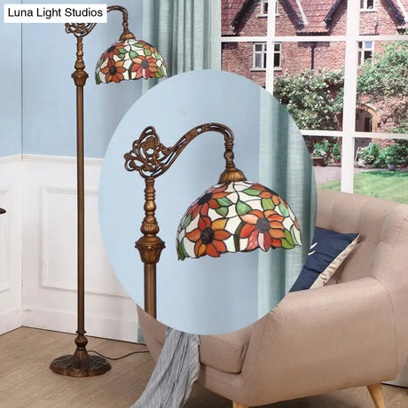 Classic Floral Stained Glass Reading Floor Light - Single-Bulb Standing Fixture In Orange