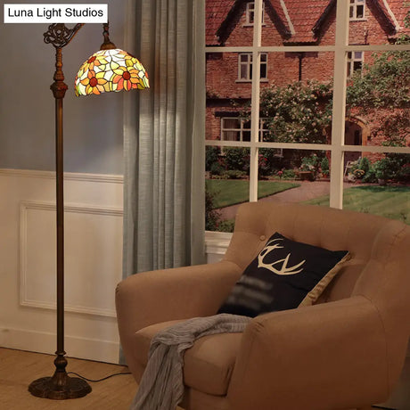 Classic Floral Stained Glass Reading Floor Light - Single-Bulb Standing Fixture In Orange