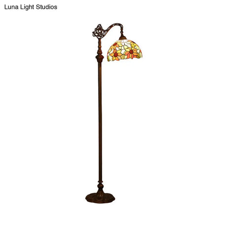 Classic Floral Stained Glass Reading Floor Light - Single-Bulb Standing Fixture In Orange