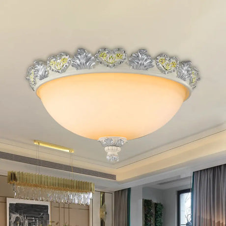 Classic Flush Mount Fixture: 3 - Bulb 15’/19’ Wide Frosted Glass Ceiling Light With Blossom