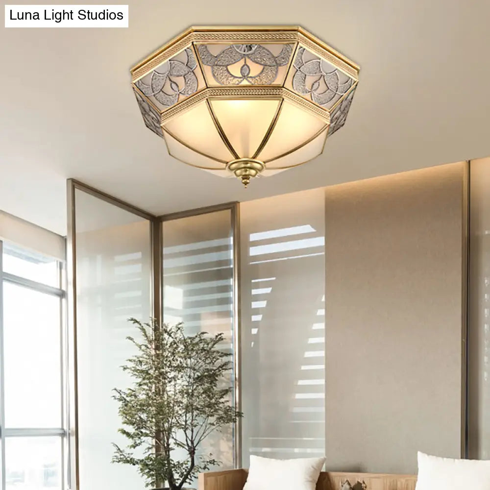 Classic Frosted Glass Flush Mount Lamp With Domed Design - Brass Finish 4 Lights