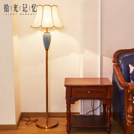 Classic Gold Fabric Floor Lamp With Tapered Shade - Ideal For Living Room / Ceramic C