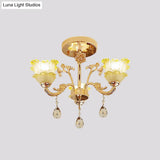 Classic Gold Lotus Crystal 3-Light Semi Flush Mount For Dining Room Ceiling Lighting