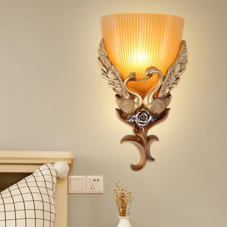 Classic Gold Resin Goose Wall Lamp With Amber Ribbed Glass Shade - Bedroom Lighting Idea