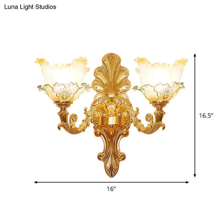 Classic Gold Wall Sconce Light With Ruffle Glass Flower And Curvy Arm