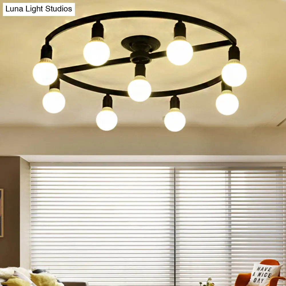Classic Metal Semi-Flush Mount Ceiling Light With 7/9 Black Bare Bulbs For Living Room