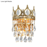 Classic Round Wall Mounted Lighting With Clear Crystal Prisms 2 Bulbs Aged Brass Finish