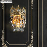 Classic Round Wall Mounted Lighting With Clear Crystal Prisms 2 Bulbs Aged Brass Finish