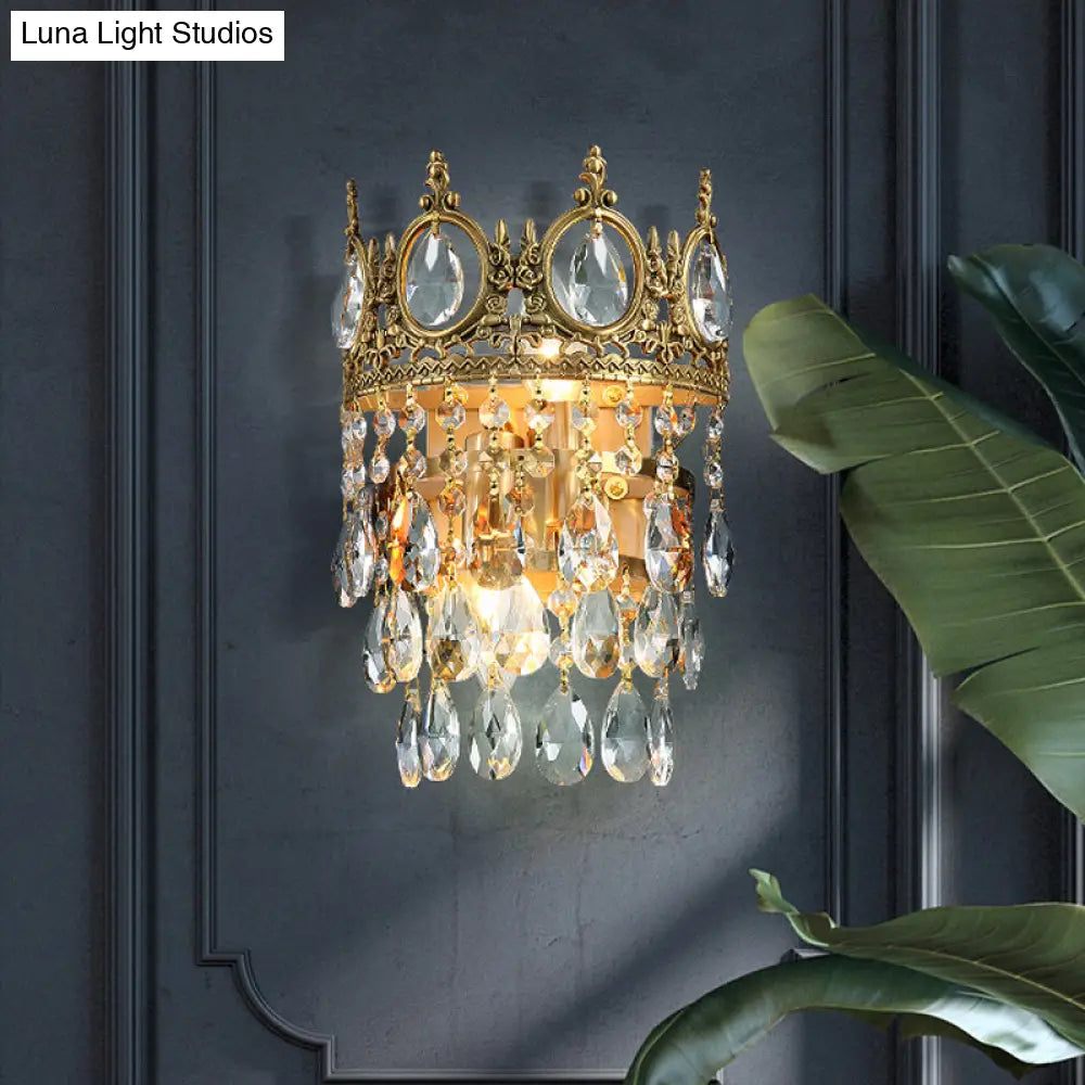Classic Round Wall Mounted Lighting With Clear Crystal Prisms 2 Bulbs Aged Brass Finish