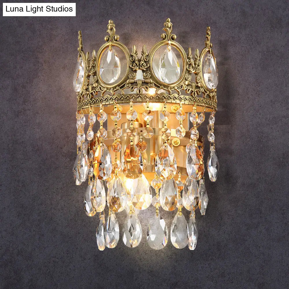 Classic Round Wall Mounted Lighting With Clear Crystal Prisms 2 Bulbs Aged Brass Finish