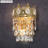 Classic Round Wall Mounted Lighting With Clear Crystal Prisms 2 Bulbs Aged Brass Finish
