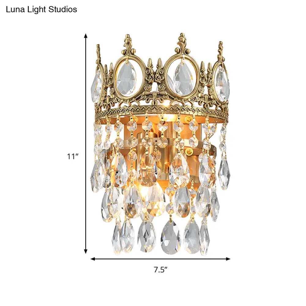 Classic Round Wall Mounted Lighting With Clear Crystal Prisms 2 Bulbs Aged Brass Finish