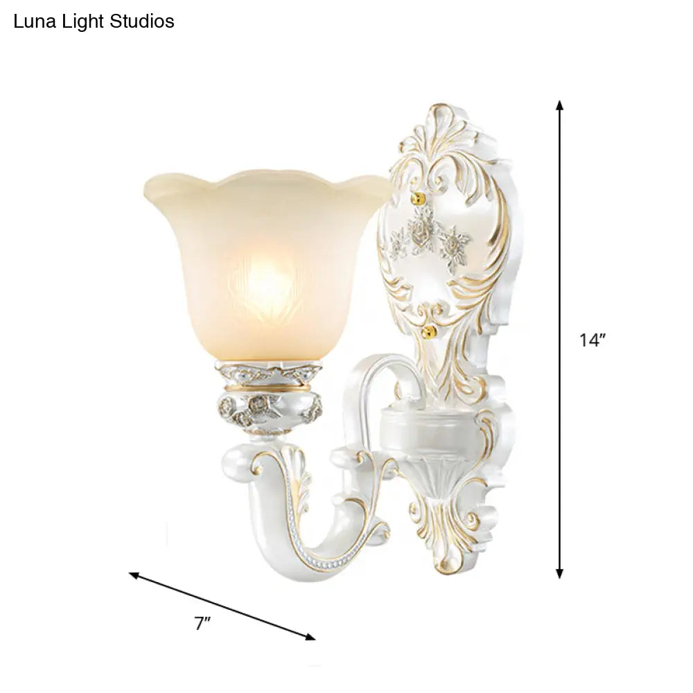 Classic Scalloped-Trim Wall Light With Frosted Glass - White-Gold Finish