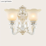 Classic Scalloped-Trim Wall Light With Frosted Glass - White-Gold Finish