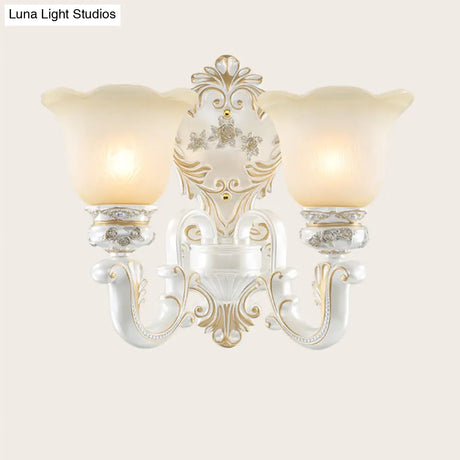 Classic Scalloped-Trim Wall Light With Frosted Glass - White-Gold Finish