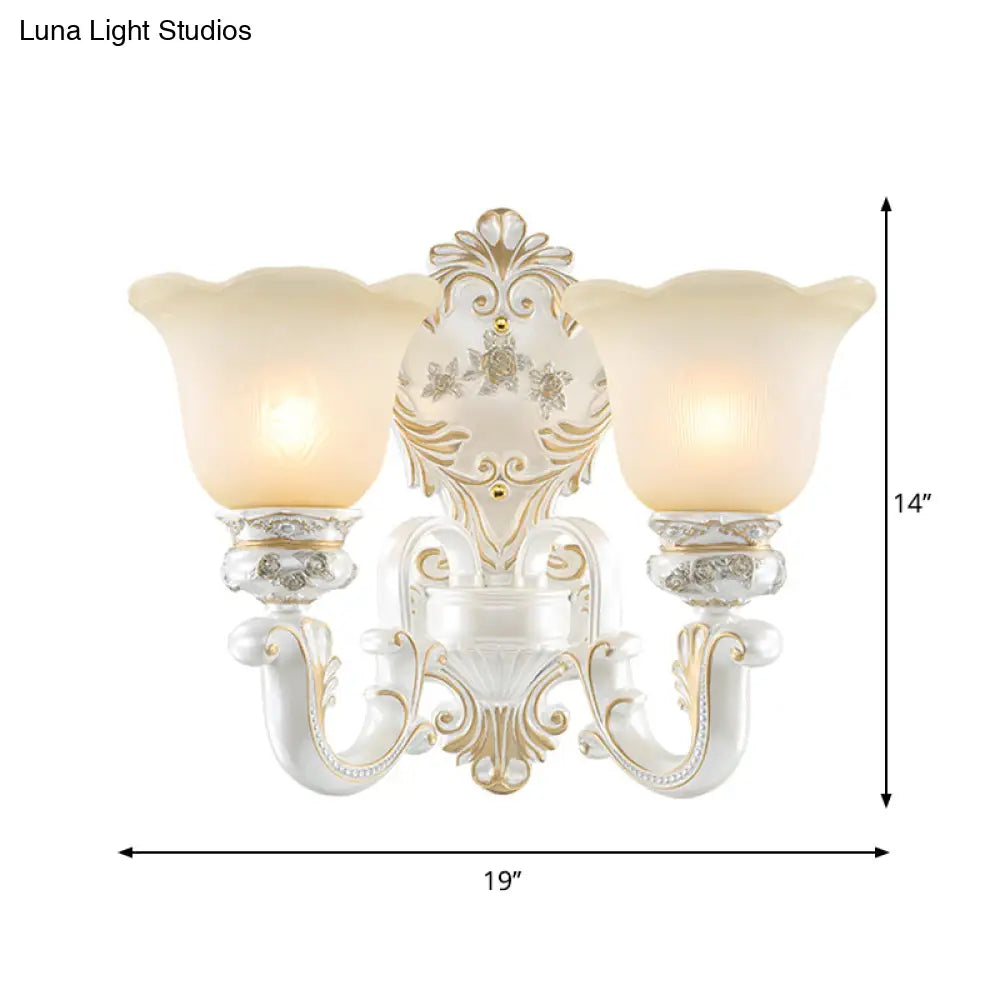 Classic Scalloped-Trim Wall Light With Frosted Glass - White-Gold Finish