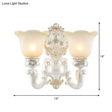 Classic Scalloped-Trim Wall Light With Frosted Glass - White-Gold Finish
