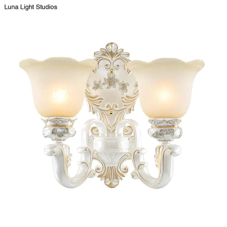 Classic Scalloped-Trim Wall Light With Frosted Glass - White-Gold Finish