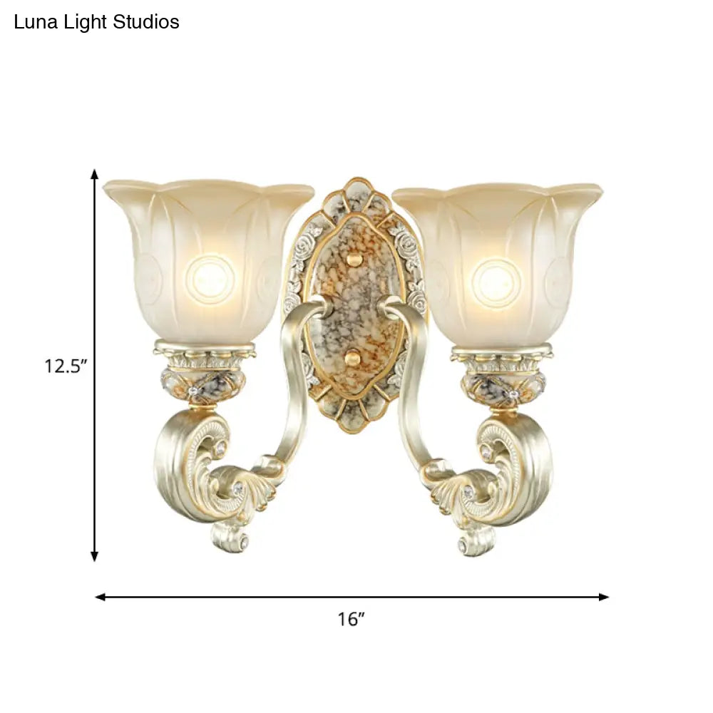 Classic Scalloped Wall Light Fixture With White Glass 1/2-Light Mount In Gold - Perfect For Bedrooms