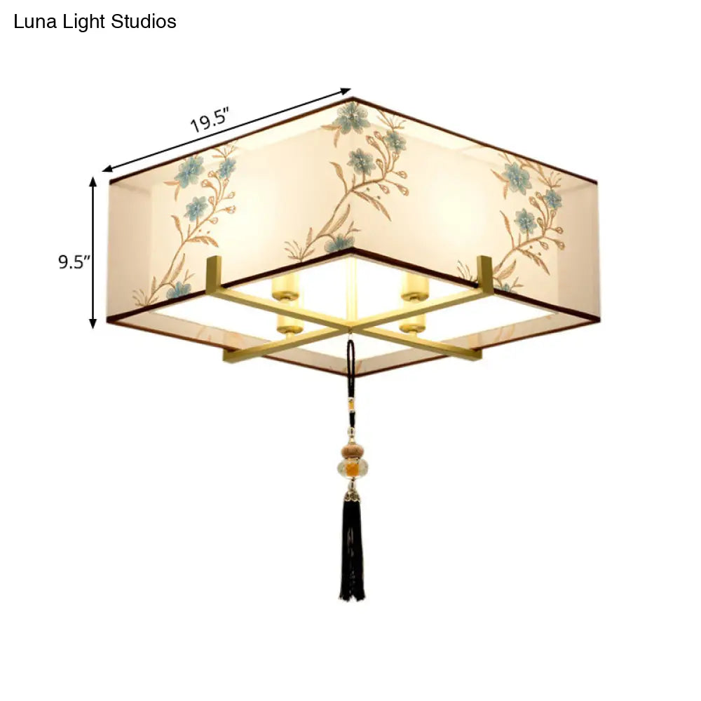 Classic Square Fabric Flush Light: 4 - Light Ceiling Mount For Bedroom (White)