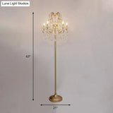 Classic Style Gold Metal Standing Floor Lamp With Crystal Strand - 5 Bulbs Scroll Frame Lighting