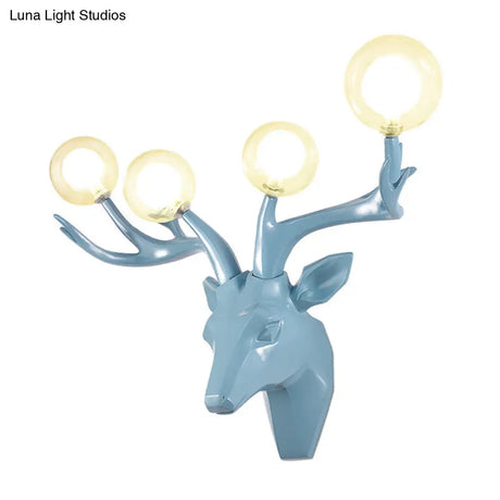 Classic Style Sika Deer Wall Lamp With Clear Crystal Shade - 4 Heads Black/White/Blue Resin For