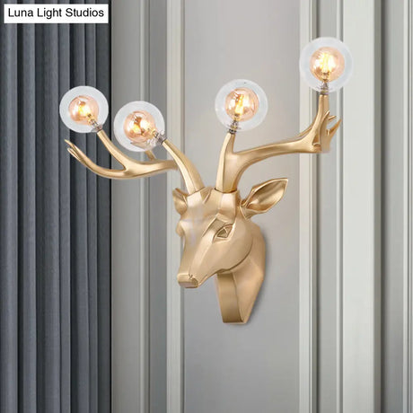 Classic Style Sika Deer Wall Lamp With Clear Crystal Shade - 4 Heads Black/White/Blue Resin For