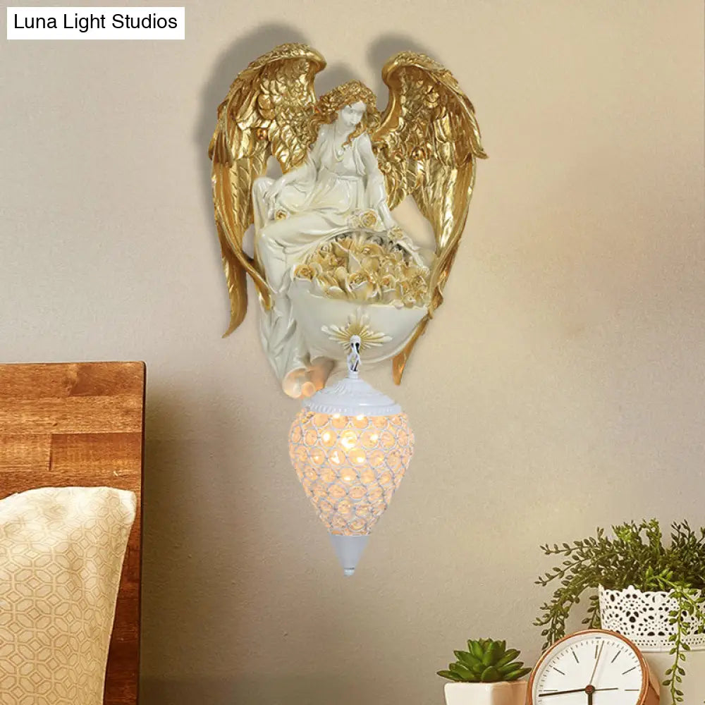 Classic Style Water Drop Crystal Wall Sconce With Angel And Blossom Design - Gold/Dark Gold Finish