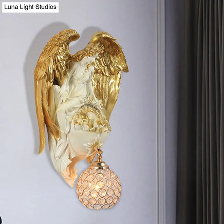 Classic Style Water Drop Crystal Wall Sconce With Angel And Blossom Design - Gold/Dark Gold Finish
