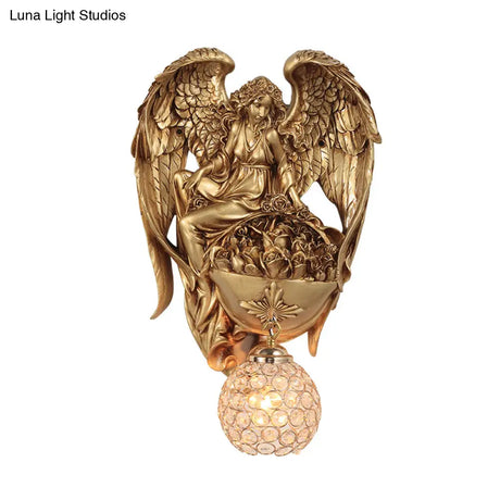 Classic Style Water Drop Crystal Wall Sconce With Angel And Blossom Design - Gold/Dark Gold Finish