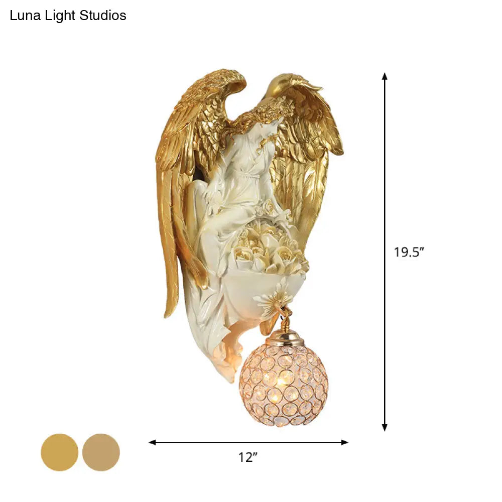 Classic Style Water Drop Crystal Wall Sconce With Angel And Blossom Design - Gold/Dark Gold Finish