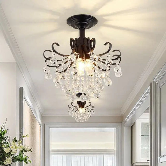 Classic Swirl Ceiling Flush Light With Crystal Ball - Single Metal Semi Mount Lighting Black