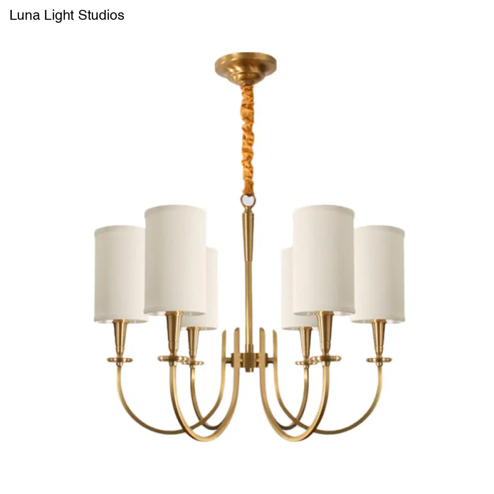 Classic White Cylindrical Pendant Chandelier - 6 Lights Fabric Shade Perfect For Living Room