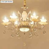 Classic White Faux Candle Chandelier For Living Room With Frosted Glass Pendant And Crystal Décor