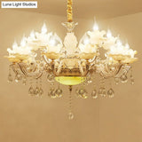 Classic White Faux Candle Chandelier For Living Room With Frosted Glass Pendant And Crystal Décor