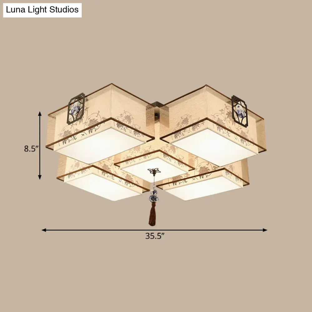 Classic White Flush Mount Ceiling Light - 5 - Light Fixture With Rectangle Fabric Shade