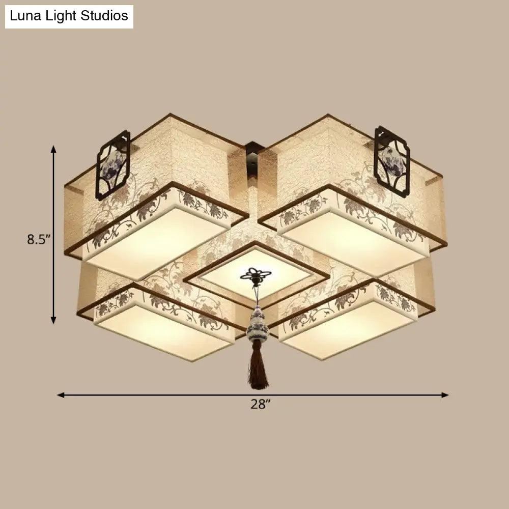 Classic White Flush Mount Ceiling Light - 5 - Light Fixture With Rectangle Fabric Shade