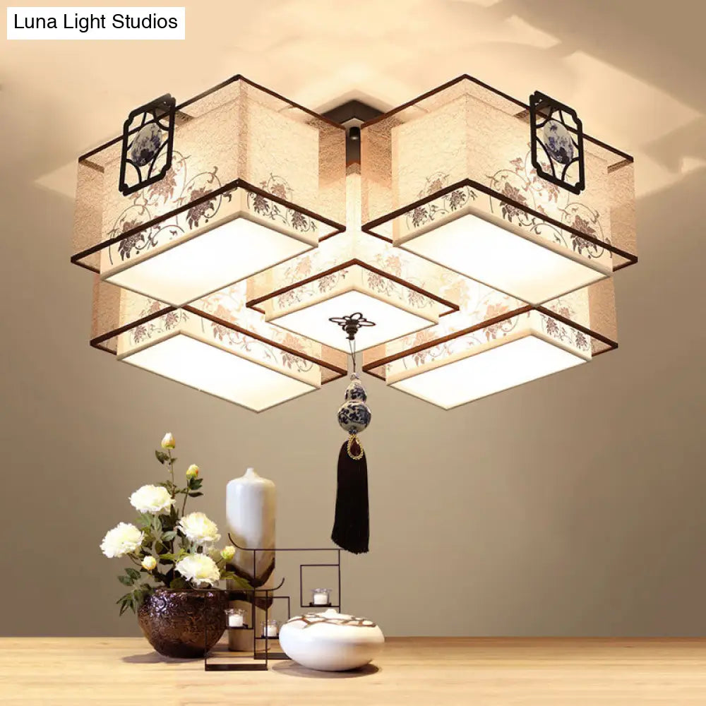 Classic White Flush Mount Ceiling Light - 5 - Light Fixture With Rectangle Fabric Shade