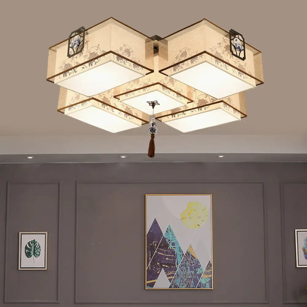 Classic White Flush Mount Ceiling Light - 5 - Light Fixture With Rectangle Fabric Shade